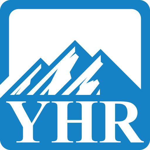 Blue and white YHR logo with stylized mountains above the letters "YHR".