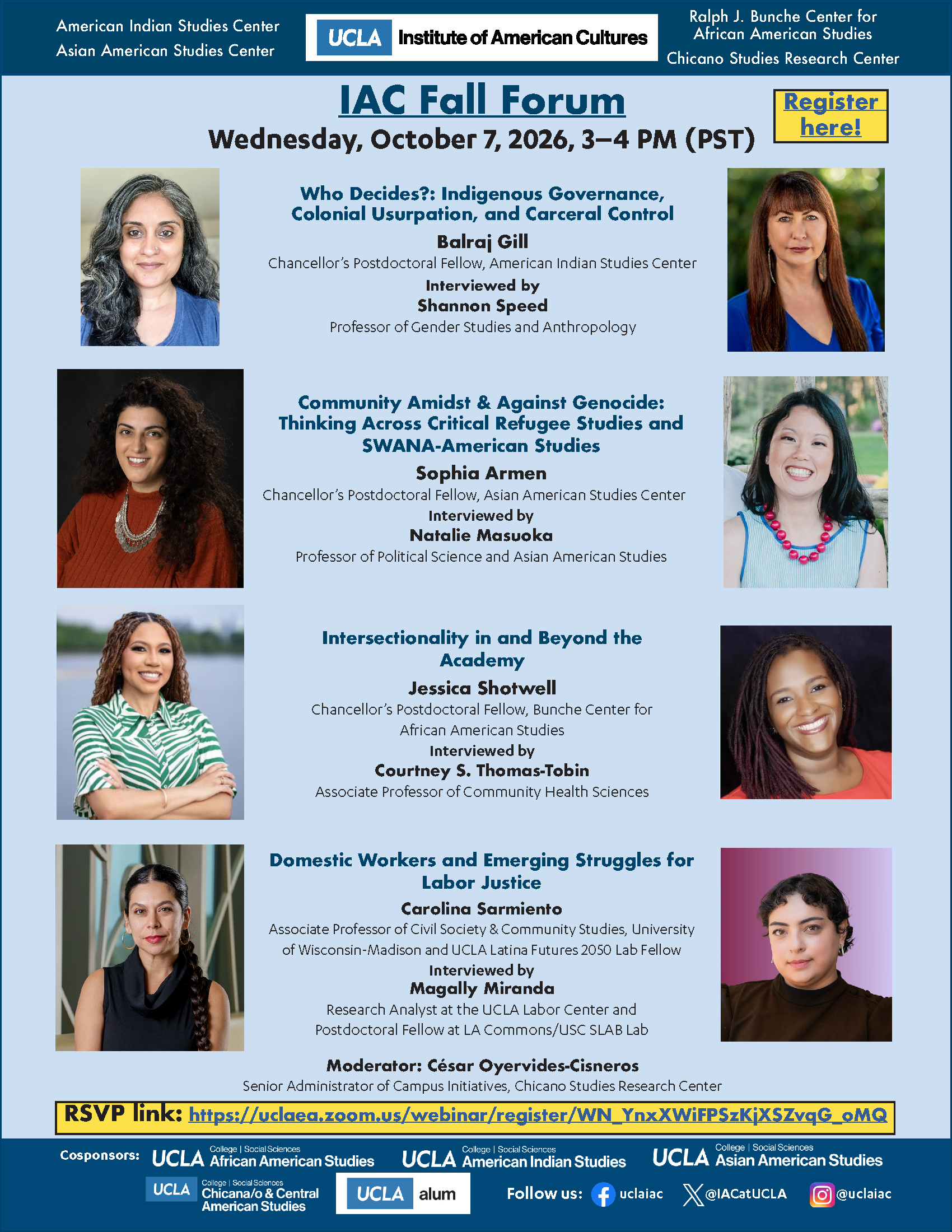 Blue and yellow event flyer with headshots of all panelists and interviewers, as well as logos for each of the cosponsoring departments and centers.